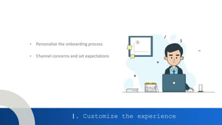 1. Customize the experience
• Personalize the onboarding process
• Channel concerns and set expectations
 