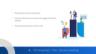 4. Strengthen the relationship
• Activate your email automation
• Connect with them on social and engage with their
content
• Harvest and grow your community
 