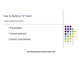 How to Build an “A” Team …One player at a time ,[object Object],[object Object],[object Object],Dennis@Thompson.net 925-462-7478 