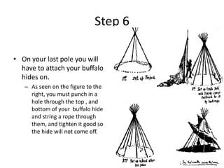 Step 6 On your last pole you will have to attach your buffalo hides on. As seen on the figure to the right, you must punch in a  hole through the top , and bottom of your  buffalo hide and string a rope through them, and tighten it good so the hide will not come off. 
