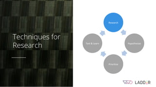 Techniques for
Research
Research
Hypothesize
Prioritize
Test & Learn
 