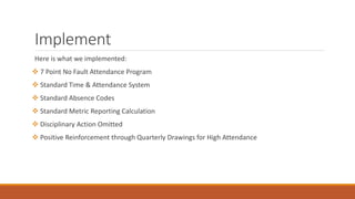 Implement
Here is what we implemented:
 7 Point No Fault Attendance Program
 Standard Time & Attendance System
 Standard Absence Codes
 Standard Metric Reporting Calculation
 Disciplinary Action Omitted
 Positive Reinforcement through Quarterly Drawings for High Attendance
 