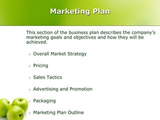 Marketing Plan

This section of the business plan describes the company’s
marketing goals and objectives and how they will be
achieved.

   Overall Market Strategy

   Pricing

   Sales Tactics

   Advertising and Promotion

   Packaging

   Marketing Plan Outline
 