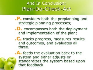 And In Conclusion:
   Plan-Do-Check-Act
.P. considers both the preplanning and
 strategic planning processes;
.D.encompasses both the deployment
 and implementation of the plan;
.C. tracks progress, measures results
 and outcomes, and evaluates all
 three.
.A. feeds the evaluation back to the
 system and either adjusts or
 standardizes the system based upon
 that feedback.
 