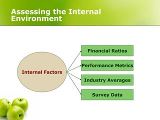 Assessing the Internal
Environment



                       Financial Ratios


                     Performance Metrics
  Internal Factors
                     Industry Averages


                        Survey Data
 