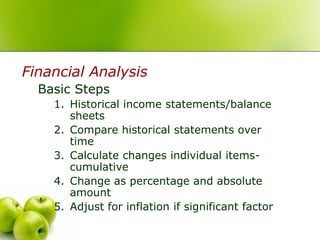 Financial Analysis
  Basic Steps
    1. Historical income statements/balance
       sheets
    2. Compare historical statements over
       time
    3. Calculate changes individual items-
       cumulative
    4. Change as percentage and absolute
       amount
    5. Adjust for inflation if significant factor
 
