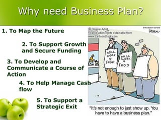 Why need Business Plan?
1. To Map the Future

      2. To Support Growth
      and Secure Funding

 3. To Develop and
 Communicate a Course of
 Action
     4. To Help Manage Cash
     flow

           5. To Support a
           Strategic Exit
 