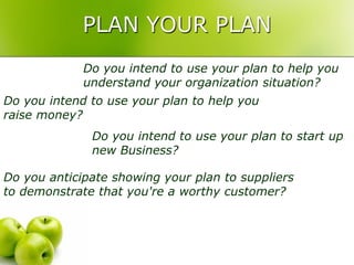 PLAN YOUR PLAN
             Do you intend to use your plan to help you
             understand your organization situation?
Do you intend to use your plan to help you
raise money?
              Do you intend to use your plan to start up
              new Business?

Do you anticipate showing your plan to suppliers
to demonstrate that you're a worthy customer?
 