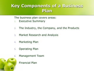 Key Components of a Business
           Plan
 The business plan covers areas:
 1. Executive Summary


 2.   The Industry, the Company, and the Products

 3.   Market Research and Analysis

 4.   Marketing Plan

 5.   Operating Plan

 6.   Management Team

 7.   Financial Plan
 