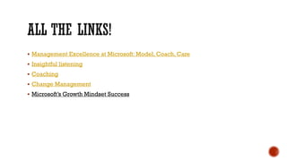 ▪ Management Excellence at Microsoft: Model, Coach, Care
▪ Insightful listening
▪ Coaching
▪ Change Management
▪ Microsoft’s Growth Mindset Success
 