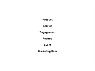 Product
Service
Engagement
Feature
Event
Marketing Item
 
