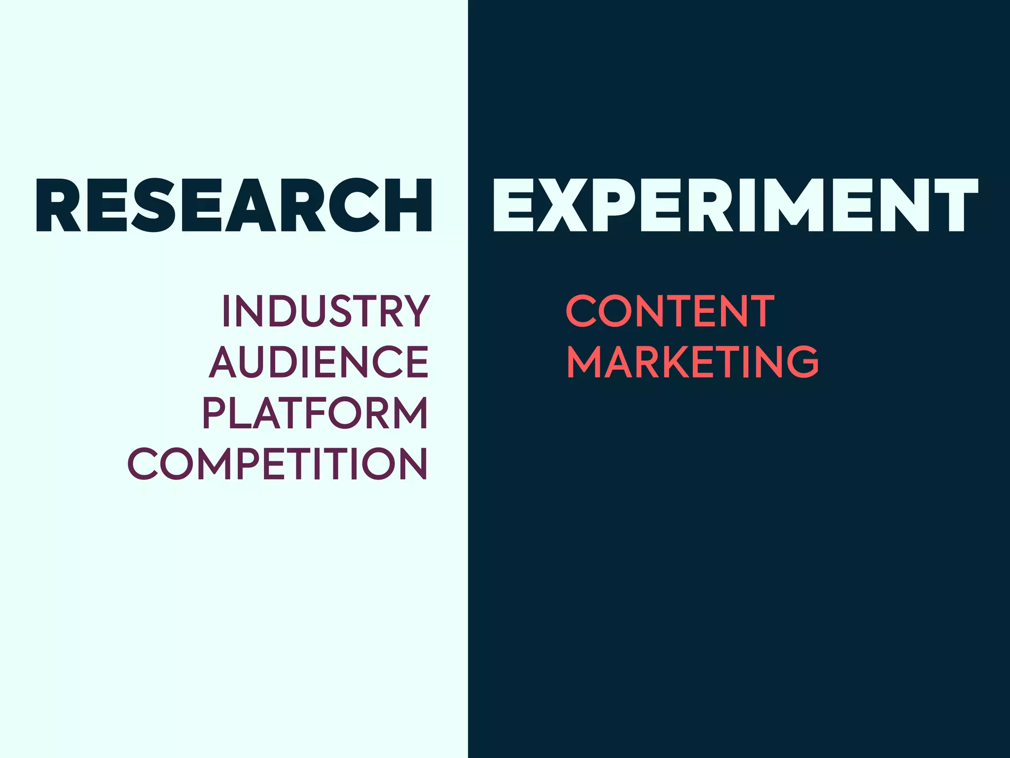 INDUSTRY
AUDIENCE
PLATFORM
COMPETITION
CONTENT
MARKETING
RESEARCH EXPERIMENT
 