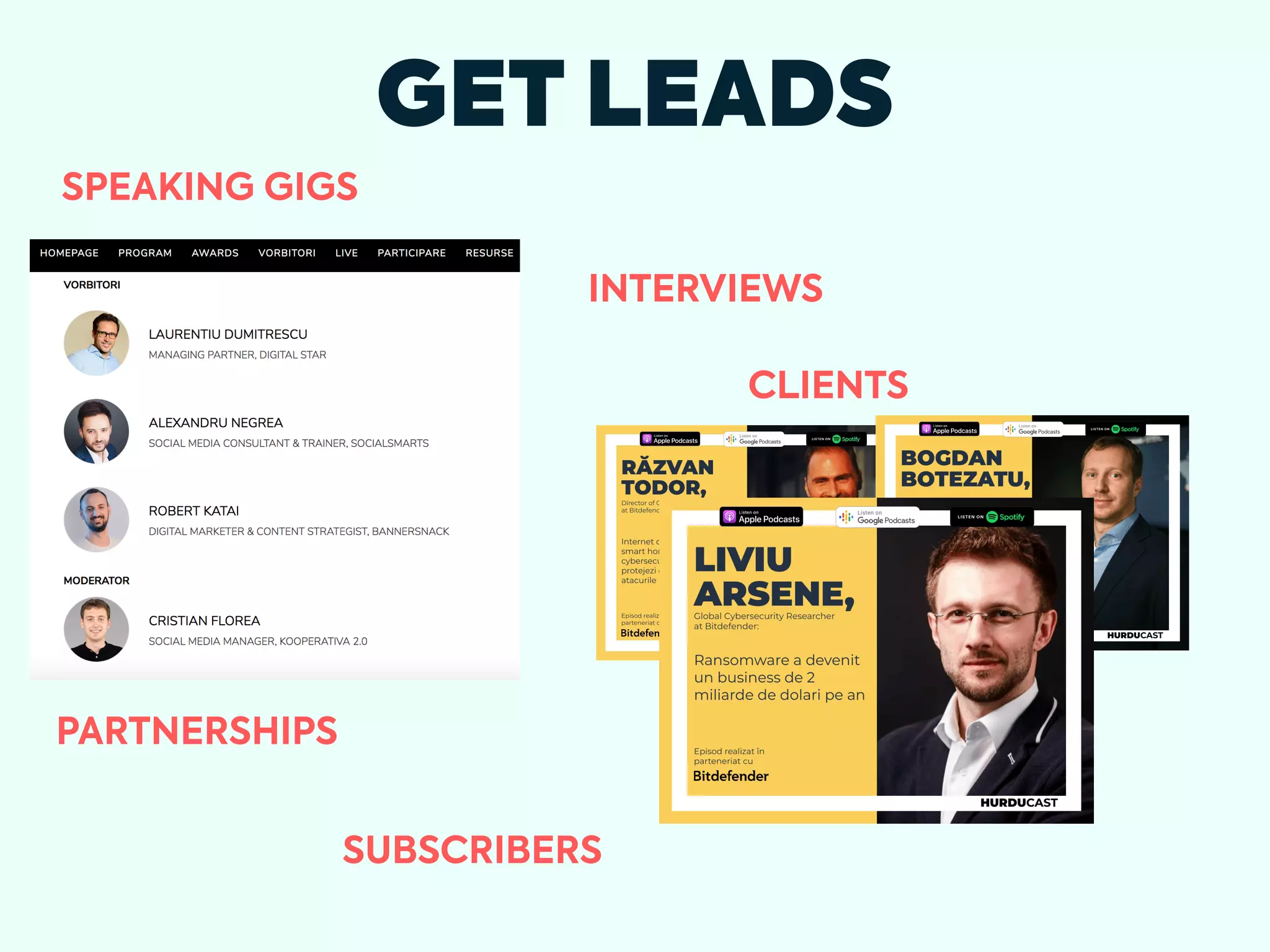 GET LEADS
SPEAKING GIGS
CLIENTS
PARTNERSHIPS
INTERVIEWS
SUBSCRIBERS
 