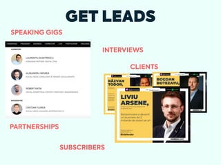 GET LEADS
SPEAKING GIGS
CLIENTS
PARTNERSHIPS
INTERVIEWS
SUBSCRIBERS
 