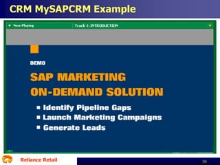 CRM MySAPCRM Example

Reliance Retail

30

 