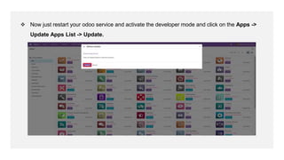 ❖ Now just restart your odoo service and activate the developer mode and click on the Apps ->
Update Apps List -> Update.
 