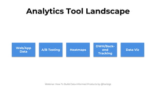Analytics Tool Examples
Webinar: How To Build Data-Informed Products by @herbigt
A/B Testing
● Used by Product
Manager/Con...