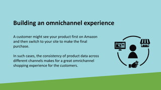 Building an omnichannel experience
A customer might see your product first on Amazon
and then switch to your site to make the final
purchase.
In such cases, the consistency of product data across
different channels makes for a great omnichannel
shopping experience for the customers.
 