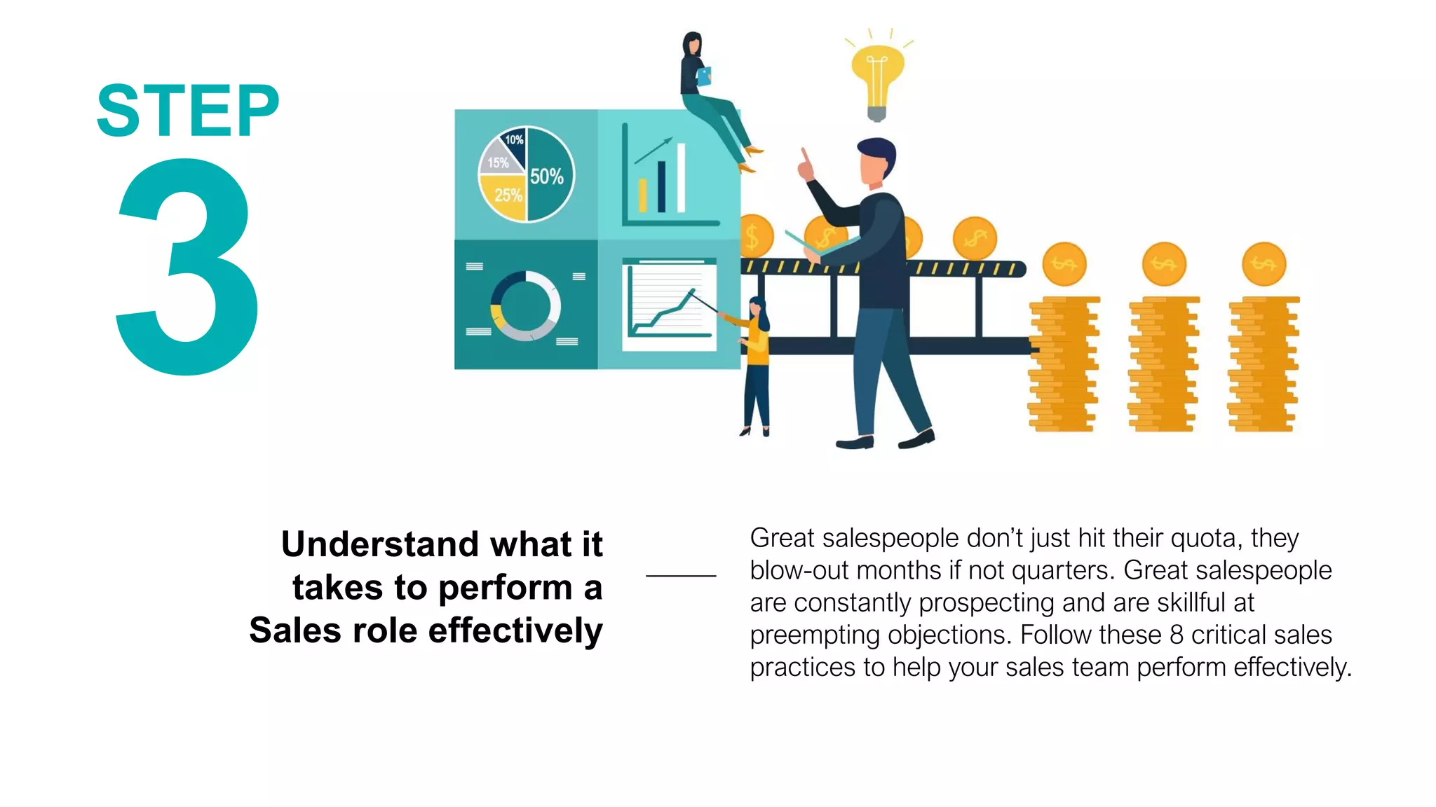 3
STEP
Understand what it
takes to perform a
Sales role effectively
Great salespeople don’t just hit their quota, they
blow-out months if not quarters. Great salespeople
are constantly prospecting and are skillful at
preempting objections. Follow these 8 critical sales
practices to help your sales team perform effectively.
 
