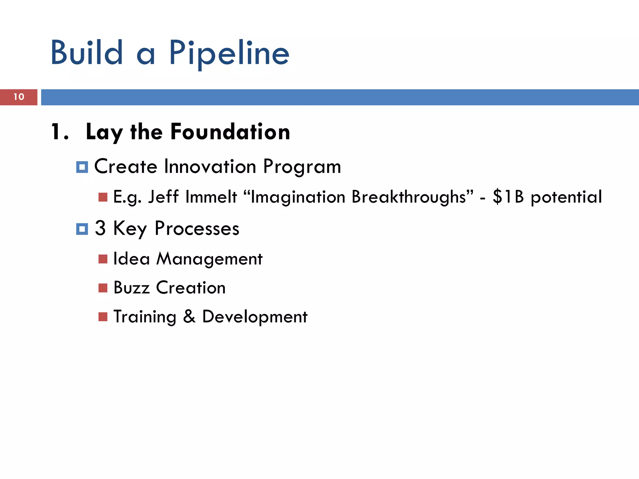 Build a Pipeline
10


     1. Lay the Foundation
        Create    Innovation Program
          E.g.   Jeff Immelt “Imagination Breakthroughs” - $1B potential
       3   Key Processes
          Idea  Management
          Buzz Creation
          Training & Development
 