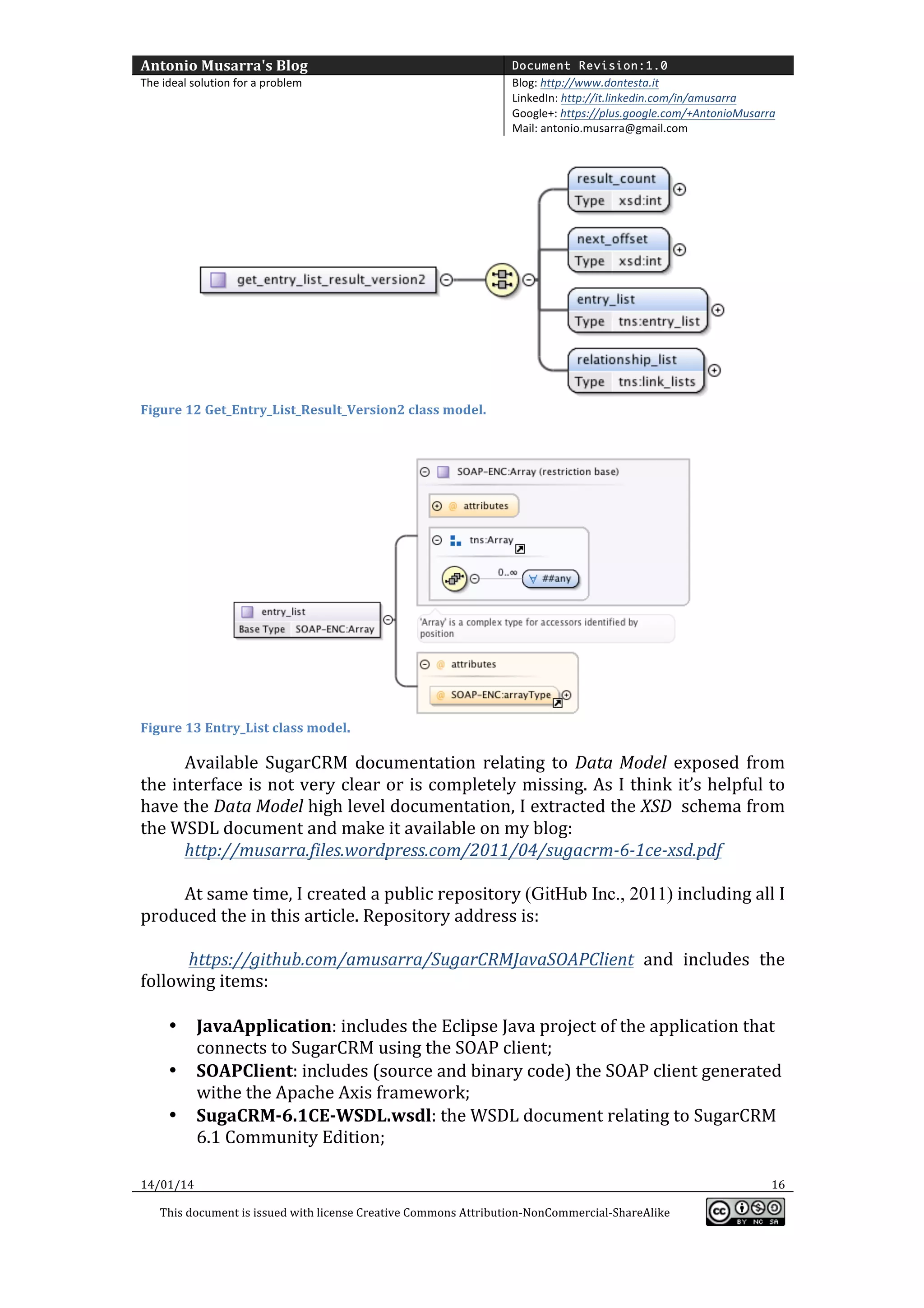 Antonio	
  Musarra's	
  Blog	
  

Document Revision:1.0

The	
  ideal	
  solution	
  for	
  a	
  problem	
  

Blog:	
  http://www.dontesta.it	
  
LinkedIn:	
  http://it.linkedin.com/in/amusarra	
  	
  
Google+:	
  https://plus.google.com/+AntonioMusarra	
  
Mail:	
  antonio.musarra@gmail.com	
  

	
  

	
  

Figure	
  12	
  Get_Entry_List_Result_Version2	
  class	
  model.	
  

	
  

Figure	
  13	
  Entry_List	
  class	
  model.	
  

	
  

Available	
   SugarCRM	
   documentation	
   relating	
   to	
   Data	
   Model	
   exposed	
   from	
  
the	
  interface	
  is	
  not	
  very	
  clear	
  or	
  is	
  completely	
  missing.	
  As	
  I	
  think	
  it’s	
  helpful	
  to	
  
have	
   the	
   Data	
  Model	
   high	
   level	
   documentation,	
   I	
   extracted	
   the	
   XSD	
   	
   schema	
   from	
  
the	
  WSDL	
  document	
  and	
  make	
  it	
  available	
  on	
  my	
  blog:	
  
http://musarra.files.wordpress.com/2011/04/sugacrm-­‐6-­‐1ce-­‐xsd.pdf	
  	
  
	
  
At	
  same	
  time,	
  I	
  created	
  a	
  public	
  repository	
  (GitHub Inc., 2011)	
  including	
  all	
  I	
  
produced	
  the	
  in	
  this	
  article.	
  Repository	
  address	
  is:	
  
	
  
	
  https://github.com/amusarra/SugarCRMJavaSOAPClient	
   and	
   includes	
   the	
  
following	
  items:	
  
	
  
• JavaApplication:	
  includes	
  the	
  Eclipse	
  Java	
  project	
  of	
  the	
  application	
  that	
  
connects	
  to	
  SugarCRM	
  using	
  the	
  SOAP	
  client;	
  
• SOAPClient:	
  includes	
  (source	
  and	
  binary	
  code)	
  the	
  SOAP	
  client	
  generated	
  
withe	
  the	
  Apache	
  Axis	
  framework;	
  
• SugaCRM-­‐6.1CE-­‐WSDL.wsdl:	
  the	
  WSDL	
  document	
  relating	
  to	
  SugarCRM	
  
6.1	
  Community	
  Edition;	
  
14/01/14	
  
This	
  document	
  is	
  issued	
  with	
  license	
  Creative	
  Commons	
  Attribution-­‐NonCommercial-­‐ShareAlike	
  

	
  

16	
  
	
  

 