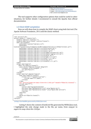 Antonio	
  Musarra's	
  Blog	
  

Document Revision:1.0

The	
  ideal	
  solution	
  for	
  a	
  problem	
  

Blog:	
  http://www.dontesta.it	
  
LinkedIn:	
  http://it.linkedin.com/in/amusarra	
  	
  
Google+:	
  https://plus.google.com/+AntonioMusarra	
  
Mail:	
  antonio.musarra@gmail.com	
  

	
  
The	
  tool	
  supports	
  other	
  configuration	
  options	
  that	
  could	
  be	
  useful	
  in	
  other	
  
situations,	
   for	
   further	
   details	
   I	
   recommend	
   to	
   consult	
   the	
   Apache	
   Axis	
   official	
  
documentation.	
  
	
  

1.2 Client	
  SOAP	
  compilation	
  
Now	
   we	
   will	
   show	
   how	
   to	
   compile	
  the	
  SOAP	
  client	
  using	
  both	
  Ant	
  tool (The
Apache Software Foundation, 2011)	
  and	
  the	
  classic	
  method.	
  
	
  
<?xml version=”1.0”?>
<project basedir=”.” Default=”jar”>
<property name=”src” location=”.”/>
<property name=”build.classes” location=”classes”/>
<path id=”classpath”>
<pathelement location=”/opt/axis-1_4”/>
<pathelement
location=”/System/Library/Frameworks/JavaVM.framework/Versions/1.6.0/Home/lib/tools.jar”/>
<pathelement location=”/opt/axis-1_4/lib/activation.jar”/>
<pathelement location=”/opt/axis-1_4/lib/axis-ant.jar”/>
<pathelement location=”/opt/axis-1_4/lib/axis.jar”/>
<pathelement location=”/opt/axis-1_4/lib/commons-discovery-0.2.jar”/>
<pathelement location=”/opt/axis-1_4/lib/commons-logging-1.0.4.jar”/>
<pathelement location=”/opt/axis-1_4/lib/jaxrpc.jar”/>
<pathelement location=”/opt/axis-1_4/lib/log4j-1.2.8.jar”/>
<pathelement location=”/opt/axis-1_4/lib/mail-1.4.1.jar”/>
<pathelement location=”/opt/axis-1_4/lib/saaj.jar”/>
<pathelement location=”/opt/axis-1_4/lib/wsdl4j-1.5.1.jar”/>
</path>
<target name=”compile”>
<mkdir dir=”${build.classes}”/>
<javac destdir=”${build.classes}” debug=”on”>
<classpath refid=”classpath” />
<src path=”${src}”/>
</javac>
</target>
<target name=”jar” depends=”compile”>
<copy todir=”${build.classes}”>
<fileset dir=”.” Casesensitive=”yes” >
<include name=”**/*.wsdd”/>
</fileset>
</copy>
<jar jarfile=”sugarcrm-soap-client-bin-1.0.0.jar” basedir=”${build.classes}” >
<include name=”**” />
<manifest>
<section name=”org/apache/ws4j2ee”>
<attribute name=”Implementation-Title” value=”Apache Axis”/>
<attribute name=”Implementation-Vendor” value=”Apache Web Services”/>
</section>
</manifest>
</jar>
<delete dir=”${build.classes}”/>
</target>
</project>

	
  Listing	
  4	
  Ant	
  Buldfile	
  generated	
  by	
  WSDL2Java	
  tool.	
  

Listing	
  4	
  shows	
  the	
  content	
  of	
  build.xml	
  file	
  generated	
  by	
  WSDL2Java	
  tool,	
  
I	
   highlighted	
   the	
   only	
   change	
   made	
   to	
   the	
   file,	
   jar	
   name,	
   from	
   soap.jar	
   to	
  
sugarcrm-­‐soap-­‐client-­‐bin-­‐1.0.0.jar.	
  

14/01/14	
  

	
  
This	
  document	
  is	
  issued	
  with	
  license	
  Creative	
  Commons	
  Attribution-­‐NonCommercial-­‐ShareAlike	
  

	
  

4	
  
	
  

 