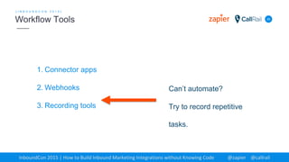 1. Connector apps
2. Webhooks
3. Recording tools
20
[ I N B O U N D C O N 2 0 1 5 ]
Workflow Tools
InboundCon 2015 | How to Build Inbound Marketing Integrations without Knowing Code @zapier @callrail
Can’t automate?
Try to record repetitive
tasks.
 