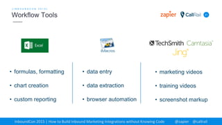21
[ I N B O U N D C O N 2 0 1 5 ]
Workflow Tools
InboundCon 2015 | How to Build Inbound Marketing Integrations without Knowing Code @zapier @callrail
• formulas, formatting
• chart creation
• custom reporting
• data entry
• data extraction
• browser automation
• marketing videos
• training videos
• screenshot markup
 