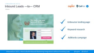 24
[ I N B O U N D C O N 2 0 1 5 ]
Inbound Leads —to— CRM
InboundCon 2015 | How to Build Inbound Marketing Integrations without Knowing Code @zapier @callrail
Unbounce landing page
Keyword research
AdWords campaign
 