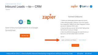 27
[ I N B O U N D C O N 2 0 1 5 ]
Inbound Leads —to— CRM
InboundCon 2015 | How to Build Inbound Marketing Integrations without Knowing Code @zapier @callrail
 