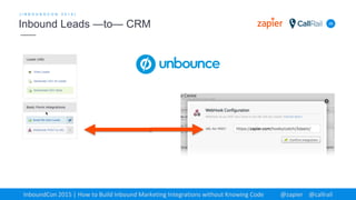 28
[ I N B O U N D C O N 2 0 1 5 ]
Inbound Leads —to— CRM
InboundCon 2015 | How to Build Inbound Marketing Integrations without Knowing Code @zapier @callrail
 
