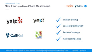 32
[ I N B O U N D C O N 2 0 1 5 ]
New Leads —to— Client Dashboard
InboundCon 2015 | How to Build Inbound Marketing Integrations without Knowing Code @zapier @callrail
Citation cleanup
Content Optimization
Review Campaign
Call Tracking Setup
 
