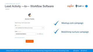 47
[ I N B O U N D C O N 2 0 1 5 ]
Lead Activity —to— Workflow Software
InboundCon 2015 | How to Build Inbound Marketing Integrations without Knowing Code @zapier @callrail
Meetup.com campaign
Mailchimp nurture campaign
 