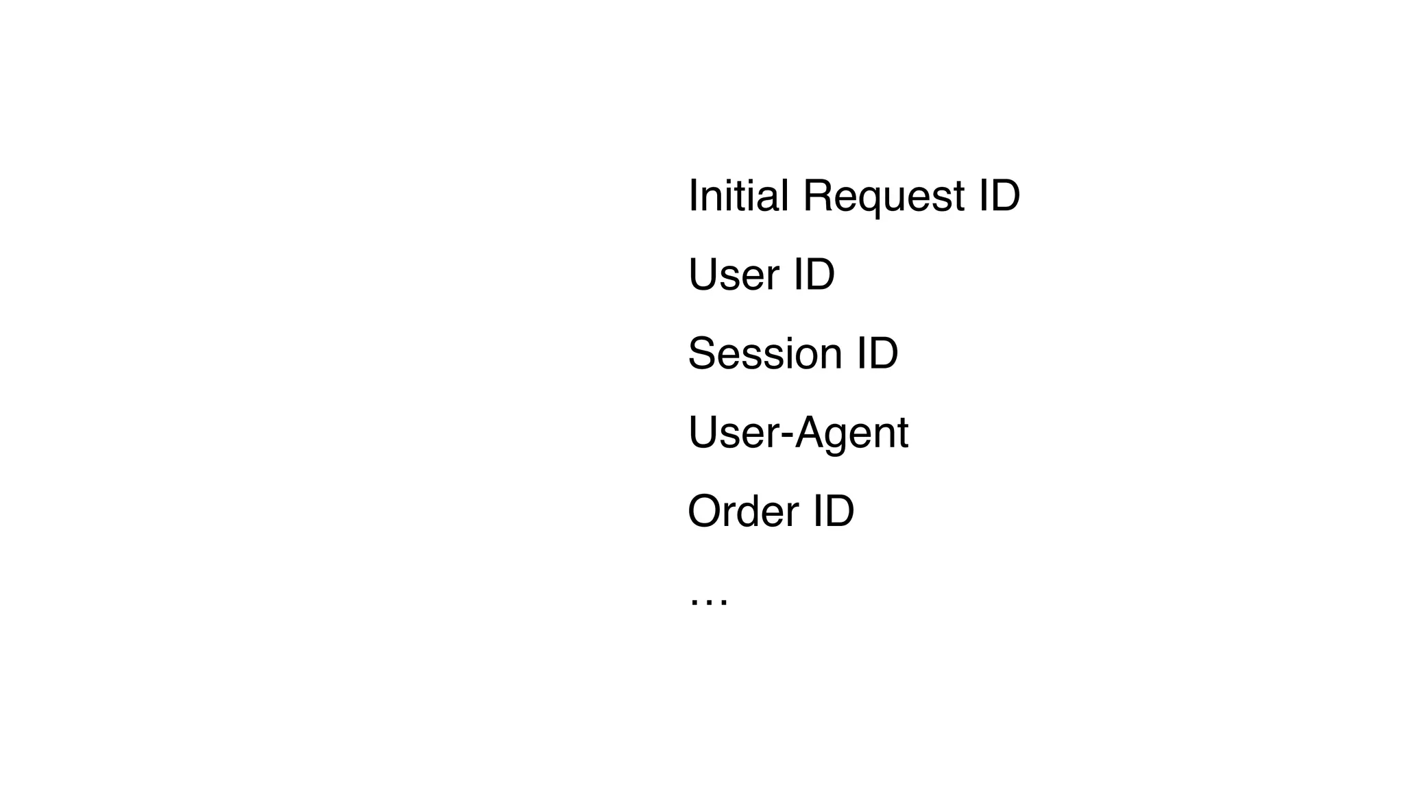 Initial Request ID
User ID
Session ID
User-Agent
Order ID
…
 