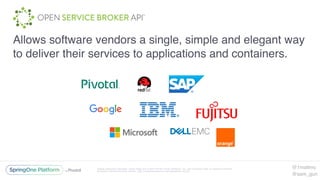 Unless otherwise indicated, these slides are © 2013-2016 Pivotal Software, Inc. and licensed under a Creative Commons
Attribution-NonCommercial license: http://creativecommons.org/licenses/by-nc/3.0/
Allows software vendors a single, simple and elegant way
to deliver their services to applications and containers.
@1mattmc
@sam_gun
 