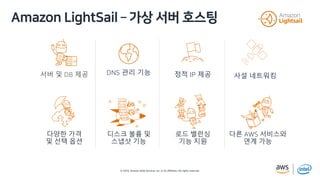 © 2019, Amazon Web Services, Inc. or its affiliates. All rights reserved.
? A E2 L
다양한 가격
및 선택 옵션
디스크 볼륨 및
스냅샷 기능
로드 밸런싱
기능 지원
다른 AWS 서비스와
연계 가능
사설 네트워킹DNS 관리 기능 정적 IP 제공서버 및 DB 제공
 