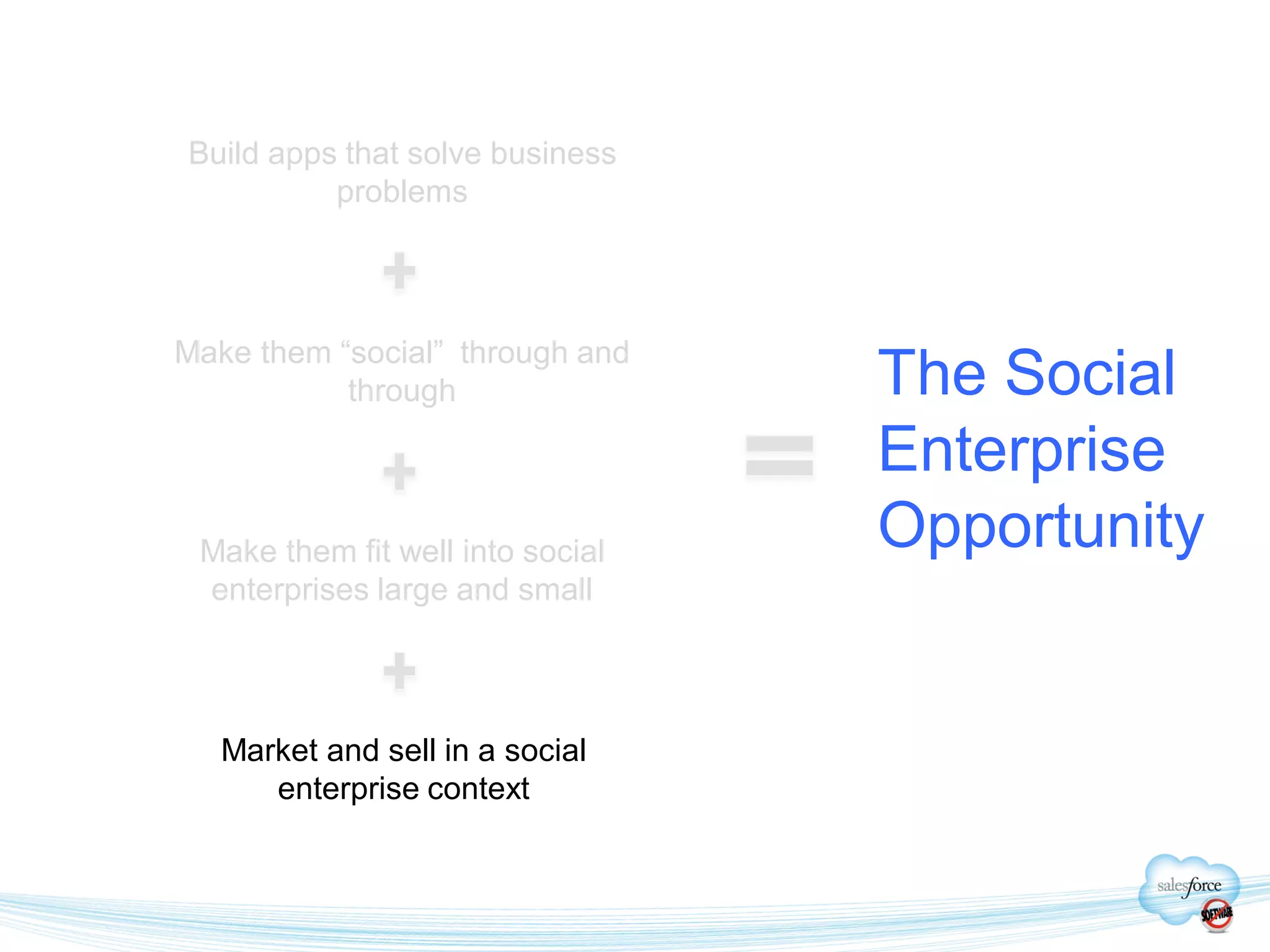 Build apps that solve business
          problems




Make them “social” through and
           through                The Social
                                  Enterprise
 Make them fit well into social   Opportunity
 enterprises large and small




   Market and sell in a social
      enterprise context
 