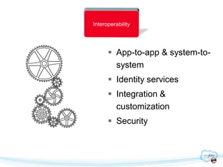  App-to-app & system-to-
  system
 Identity services
 Integration &
  customization
 Security
 