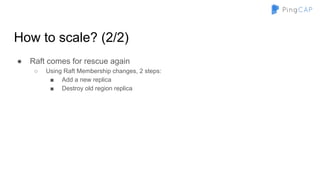 How to scale? (2/2)
● Raft comes for rescue again
○ Using Raft Membership changes, 2 steps:
■ Add a new replica
■ Destroy old region replica
 