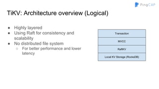 TiKV: Architecture overview (Logical)
Transaction
MVCC
RaftKV
Local KV Storage (RocksDB)
● Highly layered
● Using Raft for consistency and
scalability
● No distributed file system
○ For better performance and lower
latency
 