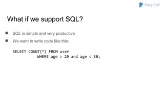 What if we support SQL?
● SQL is simple and very productive
● We want to write code like this:
SELECT COUNT(*) FROM user
WHERE age > 20 and age < 30;
 