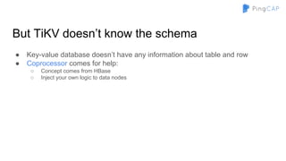 But TiKV doesn’t know the schema
● Key-value database doesn’t have any information about table and row
● Coprocessor comes for help:
○ Concept comes from HBase
○ Inject your own logic to data nodes
 