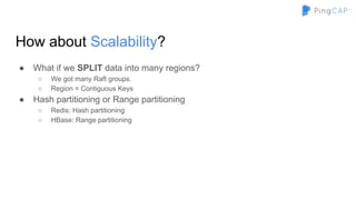 How about Scalability?
● What if we SPLIT data into many regions?
○ We got many Raft groups.
○ Region = Contiguous Keys
● Hash partitioning or Range partitioning
○ Redis: Hash partitioning
○ HBase: Range partitioning
 