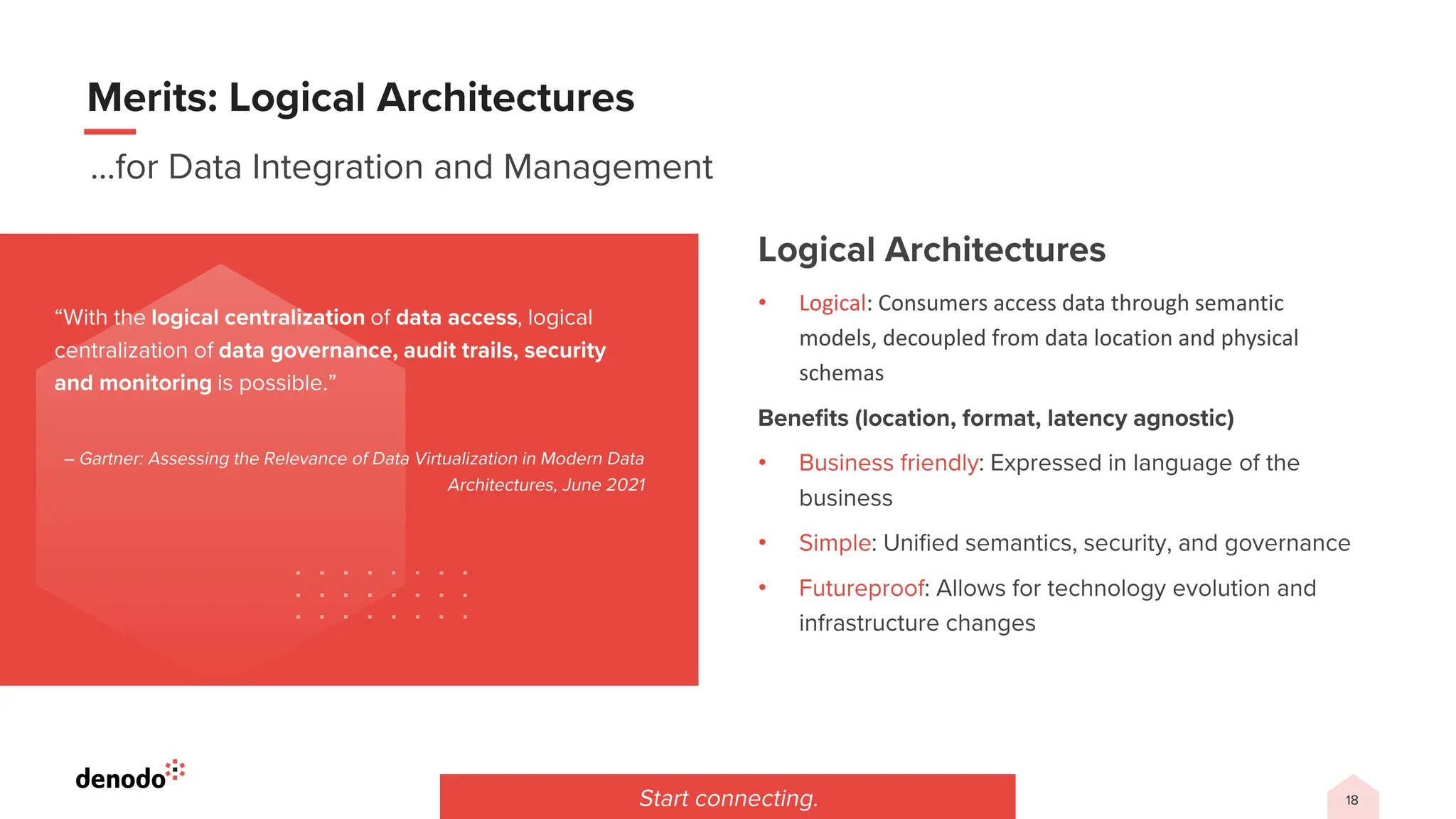 • Logical: Consumers access data through semantic
models, decoupled from data location and physical
schemas
•
•
•