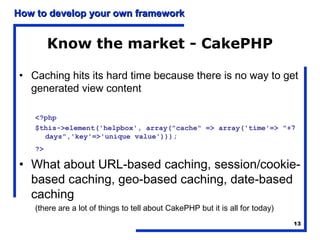 How to develop your own framework


         Know the market - CakePHP

• Caching hits its hard time because there is no way to get
  generated view content

    <?php
    $this->element('helpbox', array("cache" => array('time'=> "+7
      days",'key'=>'unique value')));
    ?>

• What about URL-based caching, session/cookie-
  based caching, geo-based caching, date-based
  caching
    (there are a lot of things to tell about CakePHP but it is all for today)
                                                                                13
 