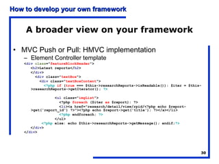 How to develop your own framework


    A broader view on your framework

• MVC Push or Pull: HMVC implementation
    – Element Controller template
    <div class="featureBlockHeader">
       <h2>Latest reports</h2>
       </div>
         <div class="textBox">
           <div class="textBoxContent">
              <?php if (true === $this->researchReports->isReadable()): $iter = $this-
       >researchReports->getIterator(); ?>

                  <ul class="imgList">
                    <?php foreach ($iter as $report): ?>
                    <li><a href="research/detail/view/rpid/<?php echo $report-
       >get('report_id') ?>"><?php echo $report->get('title'); ?></a></li>
                    <?php endforeach; ?>
                  </ul>
            <?php else: echo $this->researchReports->getMessage(); endif;?>
       </div>
    </div>




                                                                                     30
 