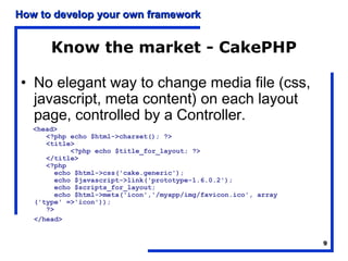 How to develop your own framework


       Know the market - CakePHP

• No elegant way to change media file (css,
  javascript, meta content) on each layout
  page, controlled by a Controller.
   <head>
      <?php echo $html->charset(); ?>
      <title>
             <?php echo $title_for_layout; ?>
      </title>
      <?php
         echo $html->css('cake.generic');
         echo $javascript->link('prototype-1.6.0.2');
         echo $scripts_for_layout;
         echo $html->meta('icon','/myapp/img/favicon.ico', array
   ('type' =>'icon'));
      ?>
   </head>


                                                                   9
 