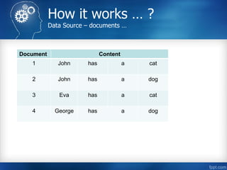 How it works … ?
Data Source – documents …
Document Content
1 John has a cat
2 John has a dog
3 Eva has a cat
4 George has a dog
 