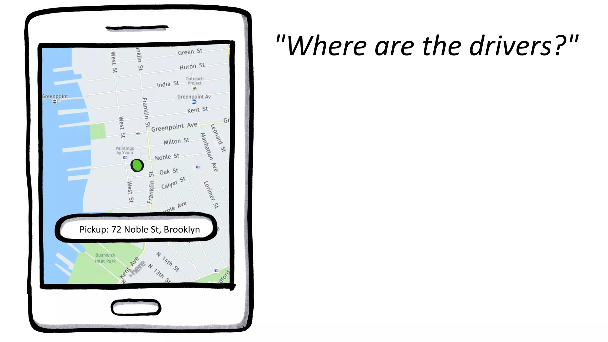 "Where are the drivers?"
Pickup: 72 Noble St, Brooklyn
 