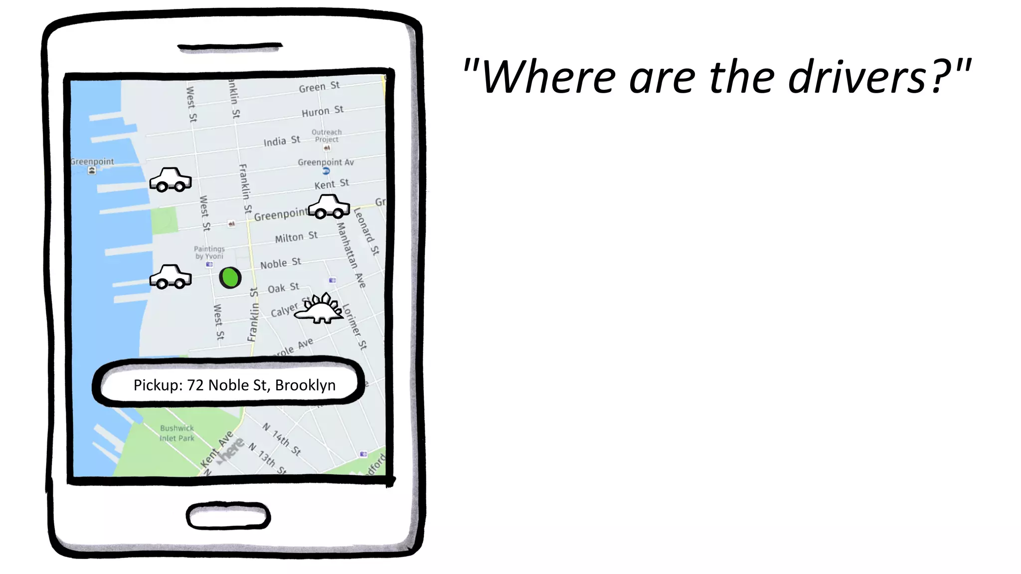 "Where are the drivers?"
Pickup: 72 Noble St, Brooklyn
 